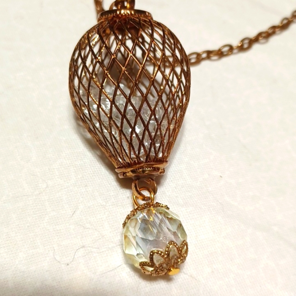 Hot air balloon steampunk gold diamonds rhinestones glass bead handmade pendant